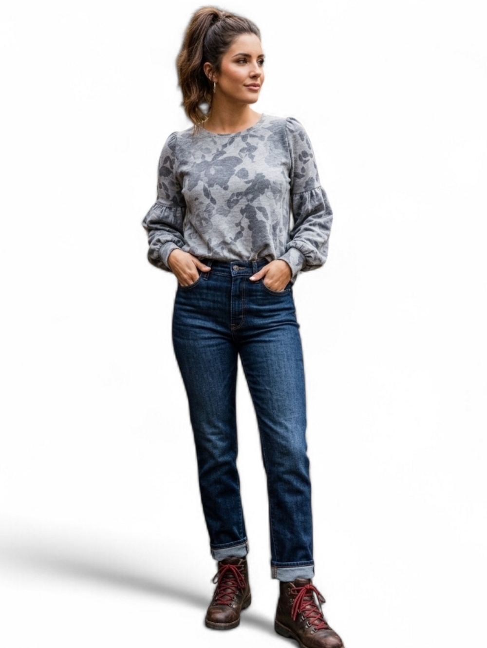 Ideology Soft Grey Floral Puff Sleeve Top | Oversized Relaxed Fit Athleisure XS